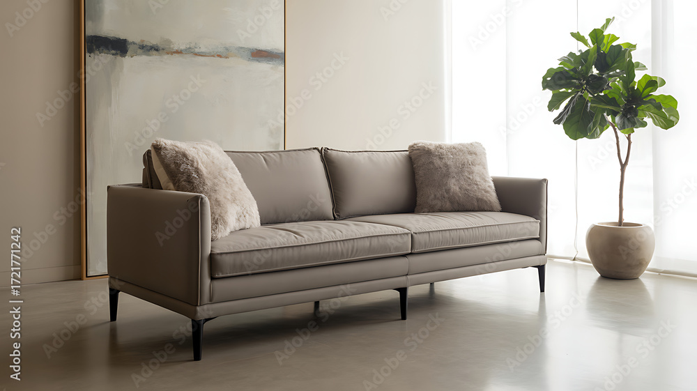 Fototapeta premium Serene modern living room with comfortable sofa and lush green plant near window