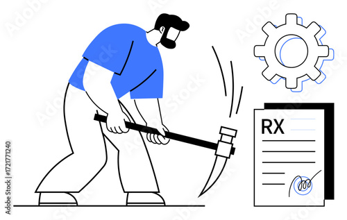 Worker smashes prescription document using a hammer, accompanied by a gear icon. Ideal for healthcare reform, system upgrade, policy adjustment, decision-making, conflict, innovation, simple flat