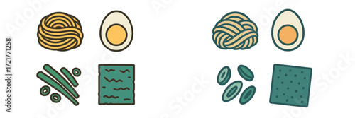 Different noodle types and egg representation in a simple illustration showing ingredients for two popular dishes