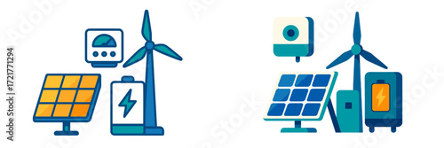 Renewable energy sources illustrated with wind turbines, solar panels, batteries, and energy monitoring devices in a clean design