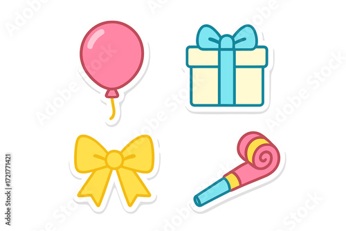 Colorful party decorations featuring a pink balloon, gift box, yellow bow, and party horn ideal for festive celebrations