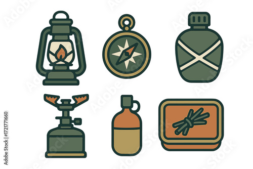 Vintage camping gear collection featuring lantern, compass, and cooking supplies for outdoor adventures