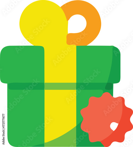 A green gift box with yellow ribbon and an orange bow