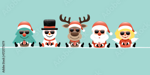 Banner Baum Schneemann Rentier Weihnachtsmann Und Engel Mit Sonnenbrille Türkis