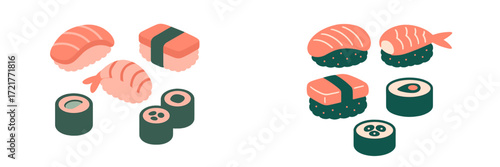 Varied sushi selection showcasing different types of rolls and nigiri on a simple background