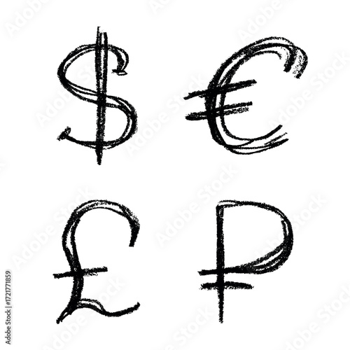 Hand drawn multiple currencies symbol set Dollar euro pound ruble