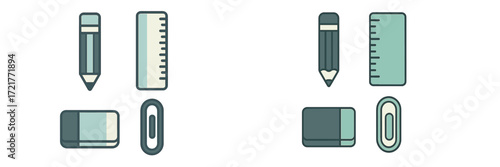Stationery items including pencils, rulers, erasers, and paperclips arranged in a neat layout on a clean background