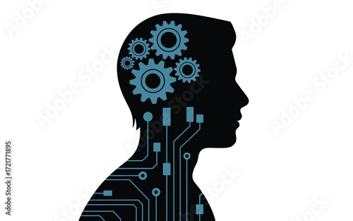 Vector art of artificial intelligence concept silhouette of a mans head with gears and a circuit board symbol of the human brain, thinking, and technology