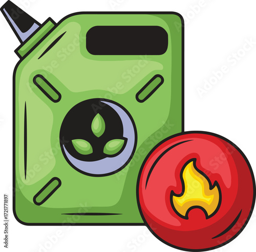 A green jerrycan with leaves emblem next to a red fire symbol
