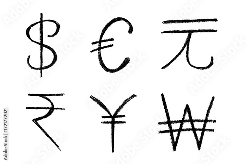 Hand drawn multiple currencies symbol set Dollar euro yuan yen won rupee
