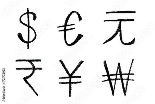 Hand drawn multiple currencies symbol set Dollar euro yuan yen won rupee