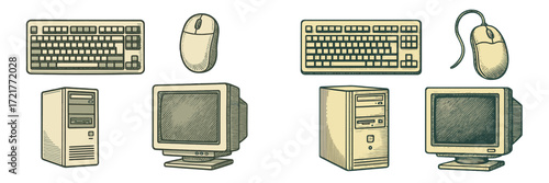 Vintage computer hardware set with keyboards, mice, and monitors from different angles