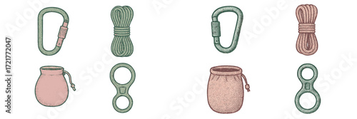Various climbing gear and accessories arranged neatly on a flat surface