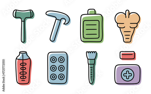 Vector art of set of medical tools collection of vector icons in doodle style first aid kit, hammer, brush, bottle, pills, medicine hand drawn illustration