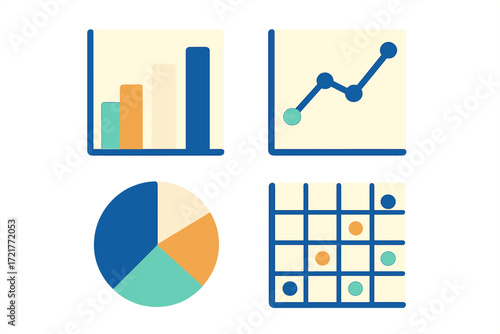 Colorful data visualization graphics displaying bar graphs, line charts, pie charts, and a grid of data points for analysis