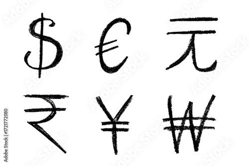 Hand drawn multiple currencies symbol set Dollar euro yuan yen won rupee