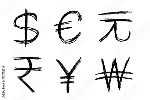 Hand drawn multiple currencies symbol set Dollar euro yuan yen won rupee