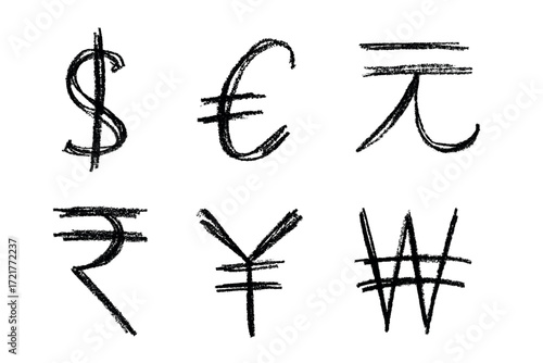 Hand drawn multiple currencies symbol set Dollar euro yuan yen won rupee