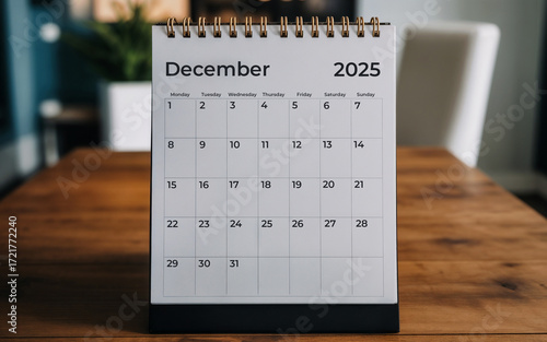 December Desk Calendar 2025, on wooden table in office. Monthly planner template. business planning, event concept.