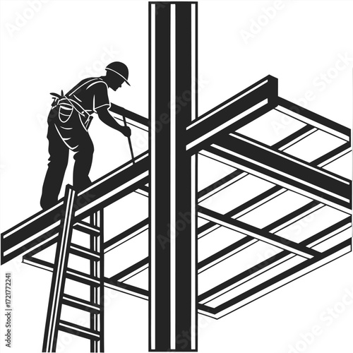 A construction worker balances on a steel joist, assembling the geometric grid of a building's framework