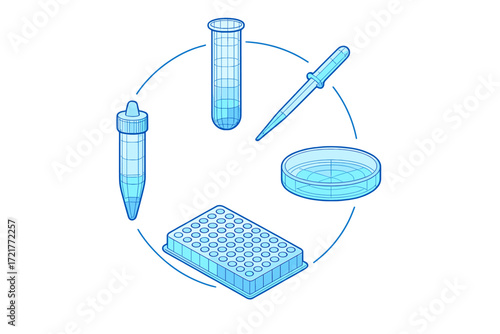 Laboratory equipment including test tubes, pipette, petri dish, and microplate arranged in a circle for scientific research