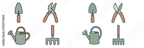 Gardening tools including trowel, pruners, and watering can arranged in a neat layout for planting and maintenance