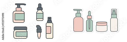 Collection of skincare products on a clean background showcasing various types of bottles and jars