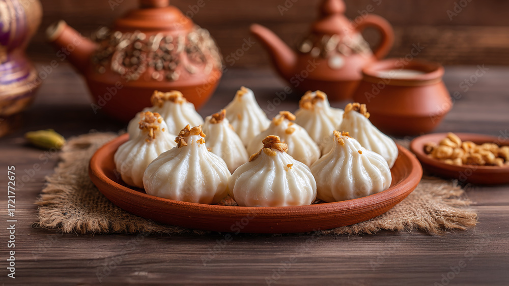 Fototapeta premium Delicious dumplings, a traditional treat served on an earthenware plate, set against a rustic wooden backdrop. A culinary delight. #foodphotography