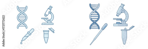 Detailed illustrations of DNA, microscopes, and lab equipment showing scientific research tools and techniques for genomics studies
