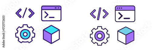 Modern coding and development icons showcasing programming tools and software functionality in vibrant colors