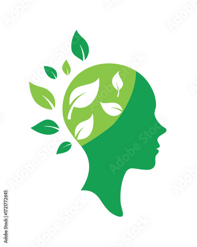 Green human head silhouette with leaves growing from it