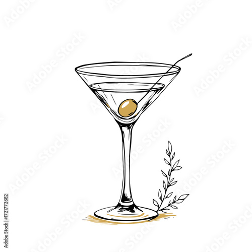 Transparent martini glass with liquid and an olive for a cocktail drink on a white background