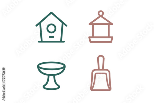 Decorative garden icons featuring birdhouse, bird feeder, bowl, and scoop suitable for nature-themed designs