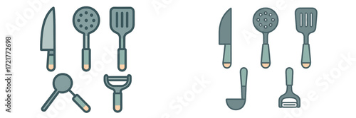 Collection of kitchen utensils including knives, spatulas, and peelers arranged neatly on a surface
