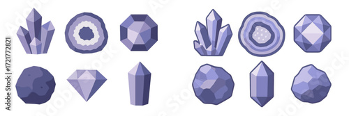 Unique collection of purple crystals with various shapes and sizes displayed on a white background