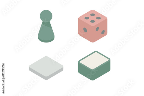 Colorful game pieces displayed, including a pawn, dice, square tile, and rectangle tile for tabletop gaming fun