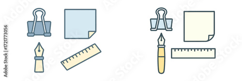 Collection of office supplies including paper clips, notepads, and writing tools on a light background during a creative workspace setup