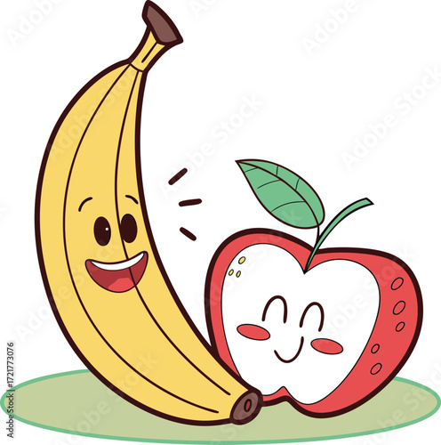 A hilarious, yellow cartoon banana with a happy face smiles as a fresh, healthy tropical fruit illustration