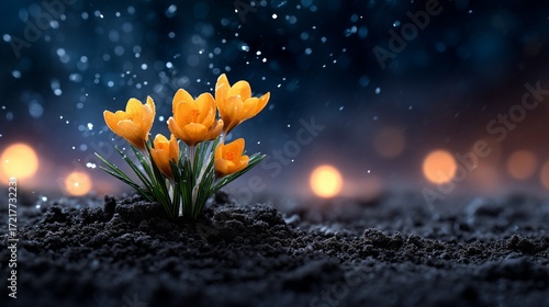 Vibrant Orange Crocuses Blooming in Snowy Twilight