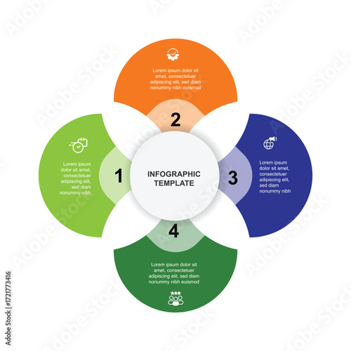 Circular infographic element with 4 step process and icons suitable for business information, diagram presentation, workflow layout and web graphic design