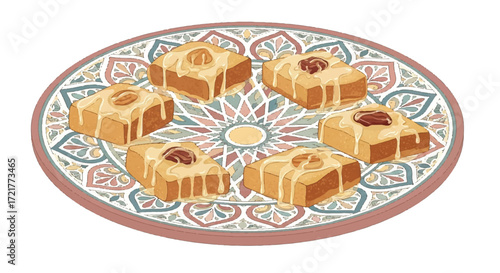Delicious baked dessert squares with nuts and drizzled icing on a decorative plate, a sweet treat illustration