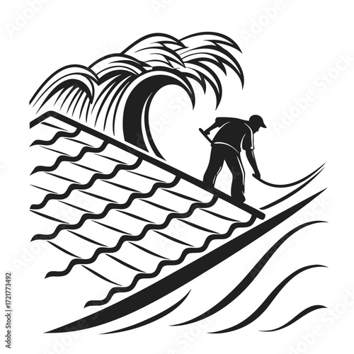 Monochrome graphic symbol of a roofer silhouette working on a tiled house roof with a giant crashing wave, representing storm damage repair and construction