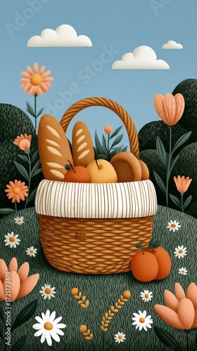 Charming Picnic Basket on a Floral Meadow with Bread and Fruits