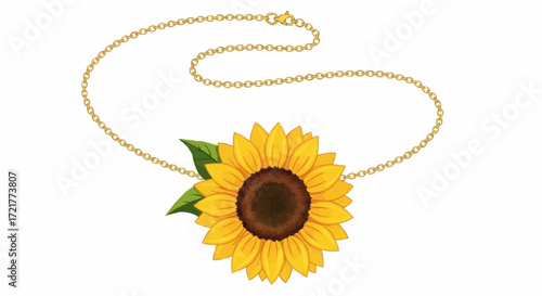 Golden sunflower pendant necklace with bright yellow petals and green leaves makes a stunning summer fashion statement, full of joy and happiness