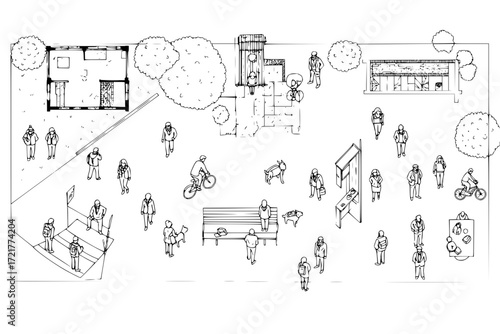 Architectural Drawings, people plan vector in park out door illustration, top view, Minimal style hand drawn, set elements for architecture and landscape design. Sections, Elevations, Floor Plans