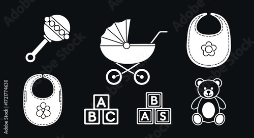 Simple Baby Icon Set Vector Collection with Stroller Teddy Bear and Toy Graphics