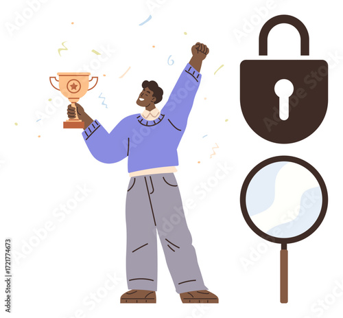 Young man raising trophy in triumph next to lock and magnifying glass visuals. Ideal for success, rewards, security, exploration, problem-solving, motivation, and personal growth. Simple flat
