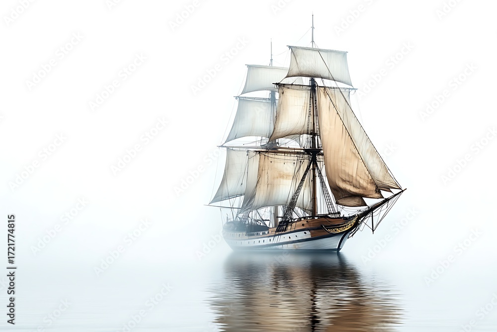 Fototapeta premium Tall Ship Sailing Through Mist Detailed View of Old Sailing Vessel on Water
