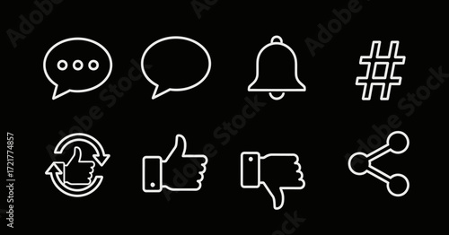 Minimalist Social Media Vector Icon Set with Like Comment and Share Symbols in Clean Line Art Style