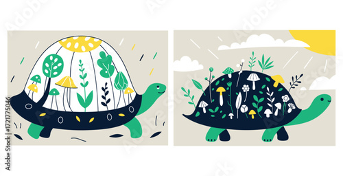 Charming turtle with a shell adorned by a variety of vibrant blooming flowers vector art design